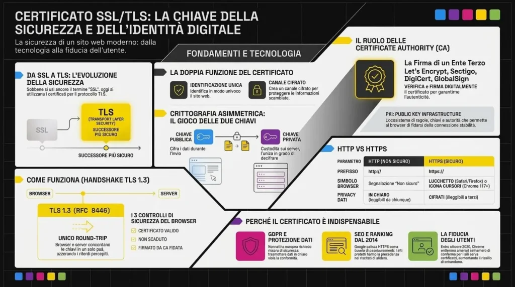 Infografica tecnica sui certificati SSL/TLS che spiega l'evoluzione da SSL a TLS, la crittografia asimmetrica a doppia chiave, il funzionamento dell'handshake TLS 1.3, il ruolo delle Certificate Authority, il confronto HTTP vs HTTPS e i motivi per cui il certificato è indispensabile per GDPR, SEO e fiducia degli utenti.