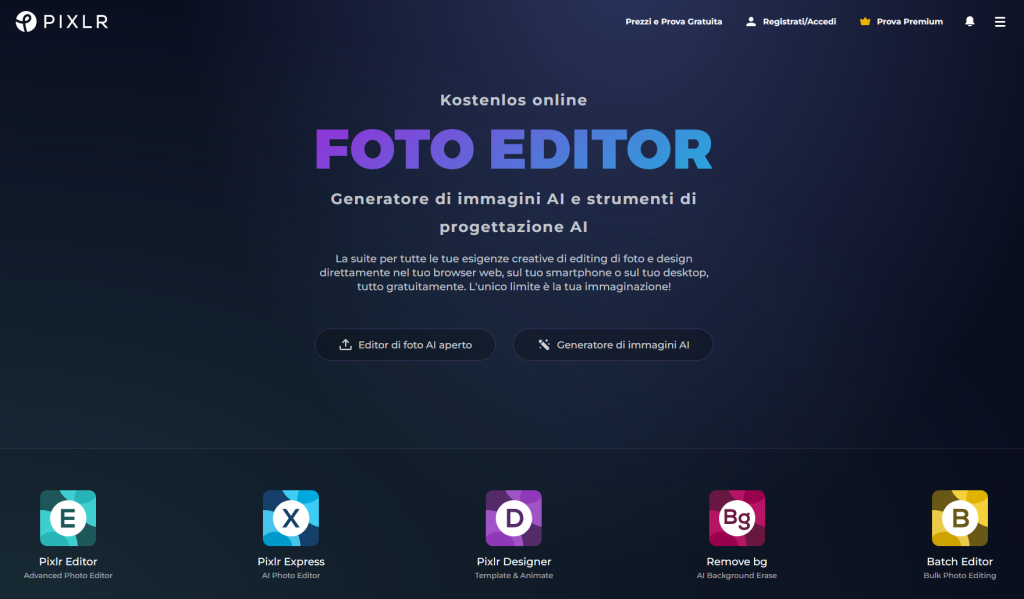 Interfaccia editor online Pixlr per fotoritocco rapido con strumenti AI basati su browser