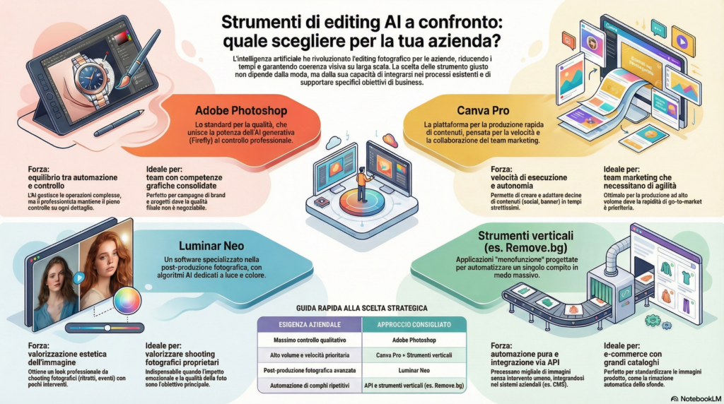 Infografica confronto strumenti editing foto AI per aziende: Adobe Photoshop, Canva Pro, Luminar Neo e Remove.bg con guida alla scelta strategica