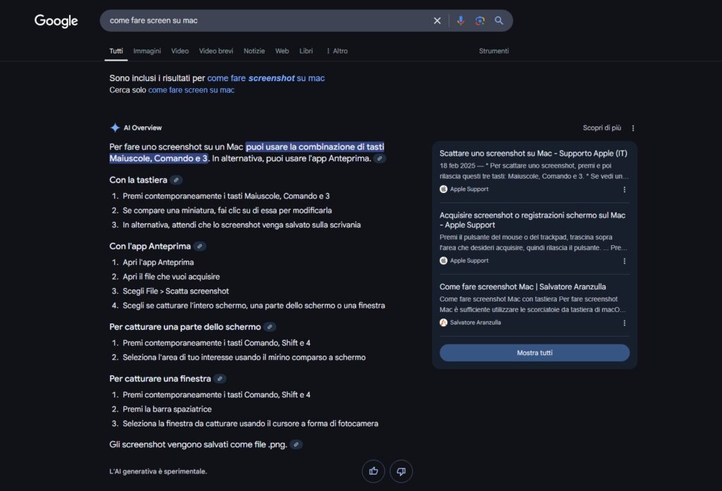 Esempio SERP italiana con Google AI overview
