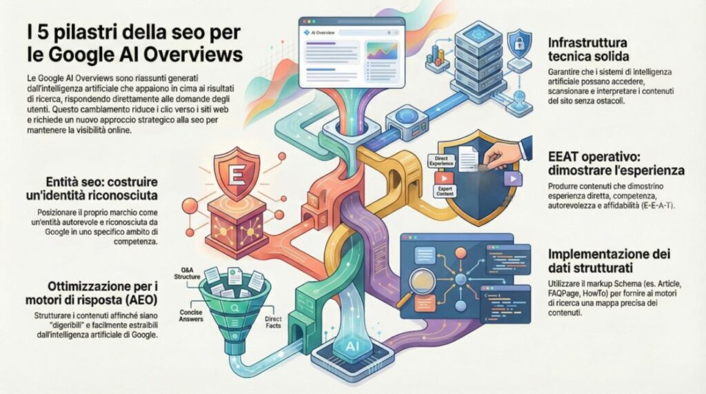Infografica che illustra i 5 pilastri della strategia SEO per Google AI Overviews: Entità, AEO, Dati Strutturati, EEAT e Infrastruttura tecnica