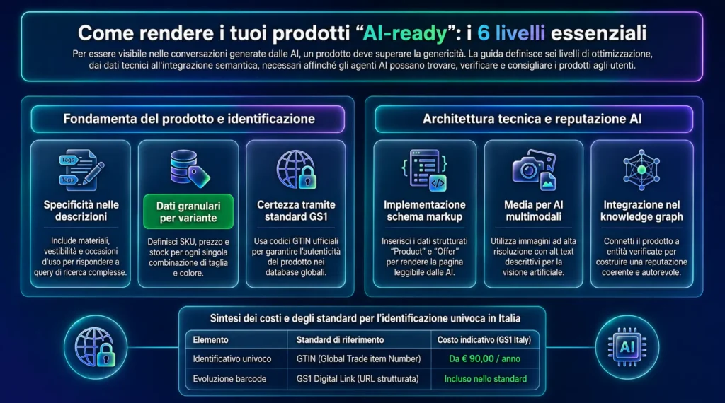 Infografica che presenta i sei livelli essenziali per rendere un prodotto AI-ready, includendo dati strutturati, GTIN e GS1 Digital Link, schema markup, contenuti multimediali ottimizzati e integrazione con knowledge graph per la visibilità nelle ricerche AI.
